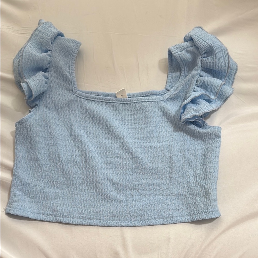 SHEIN Blue Ruffled Cap Sleeve Crop Blouse